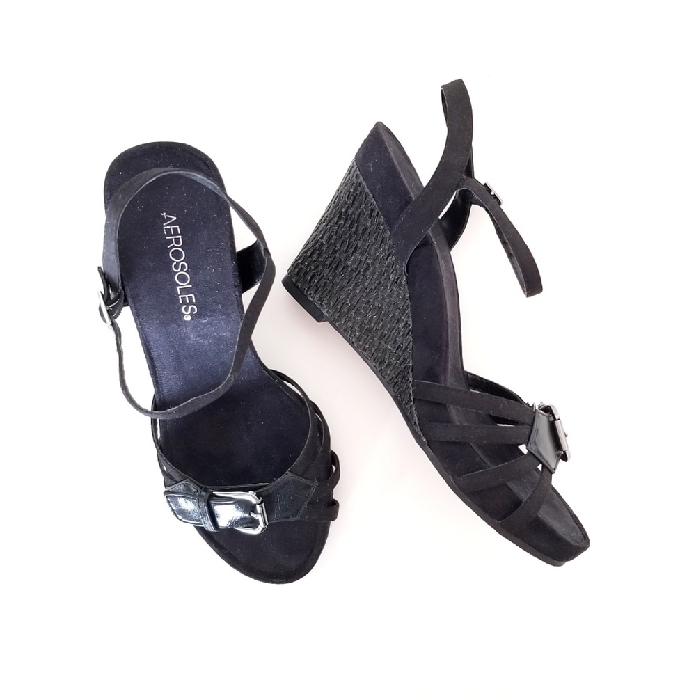 Aerosoles Black Strappy Wedge Sandals size 7